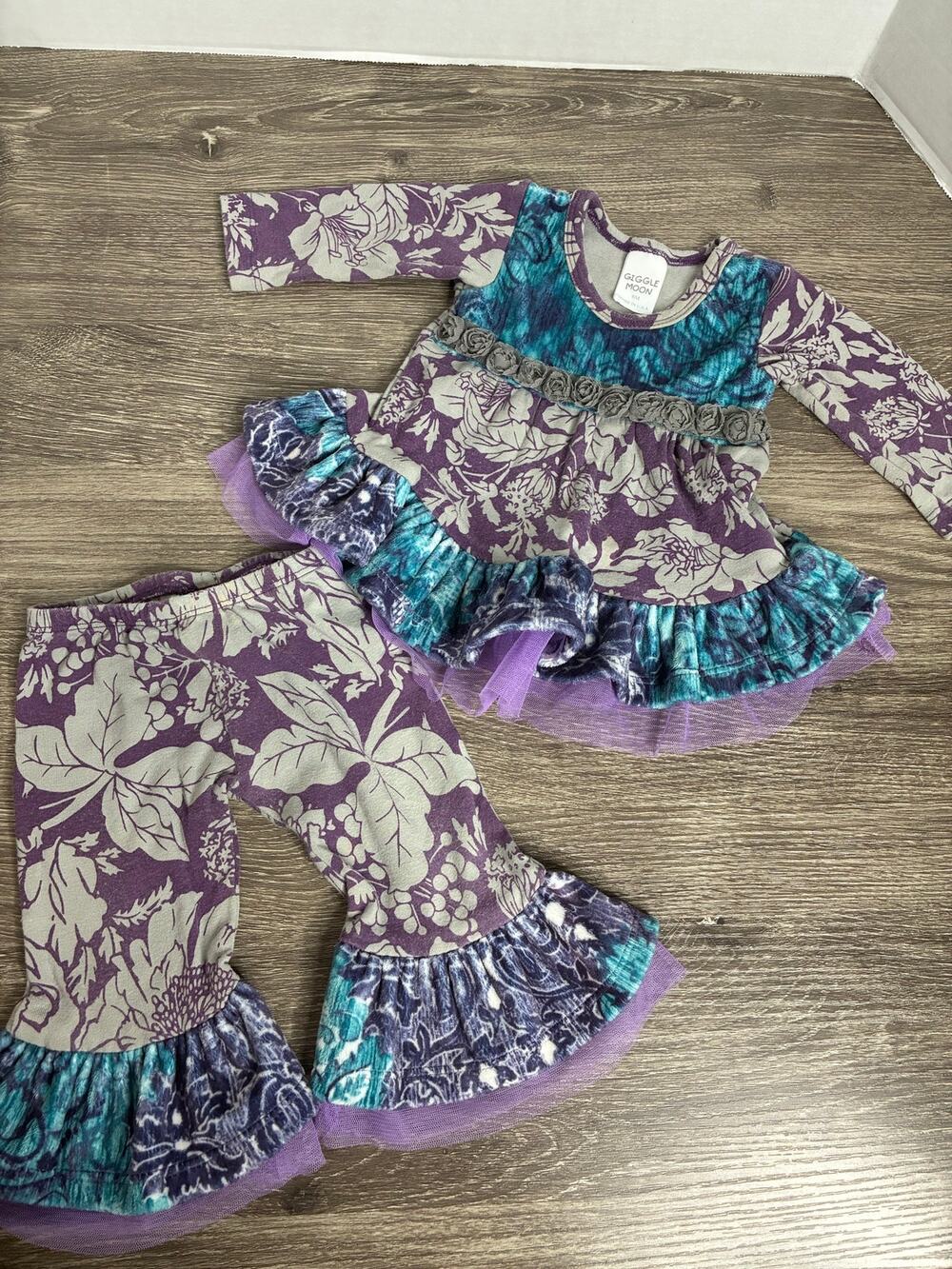 Giggle Moon Girls 6 Months Two Piece Outfit Purple Gray Blue Floral